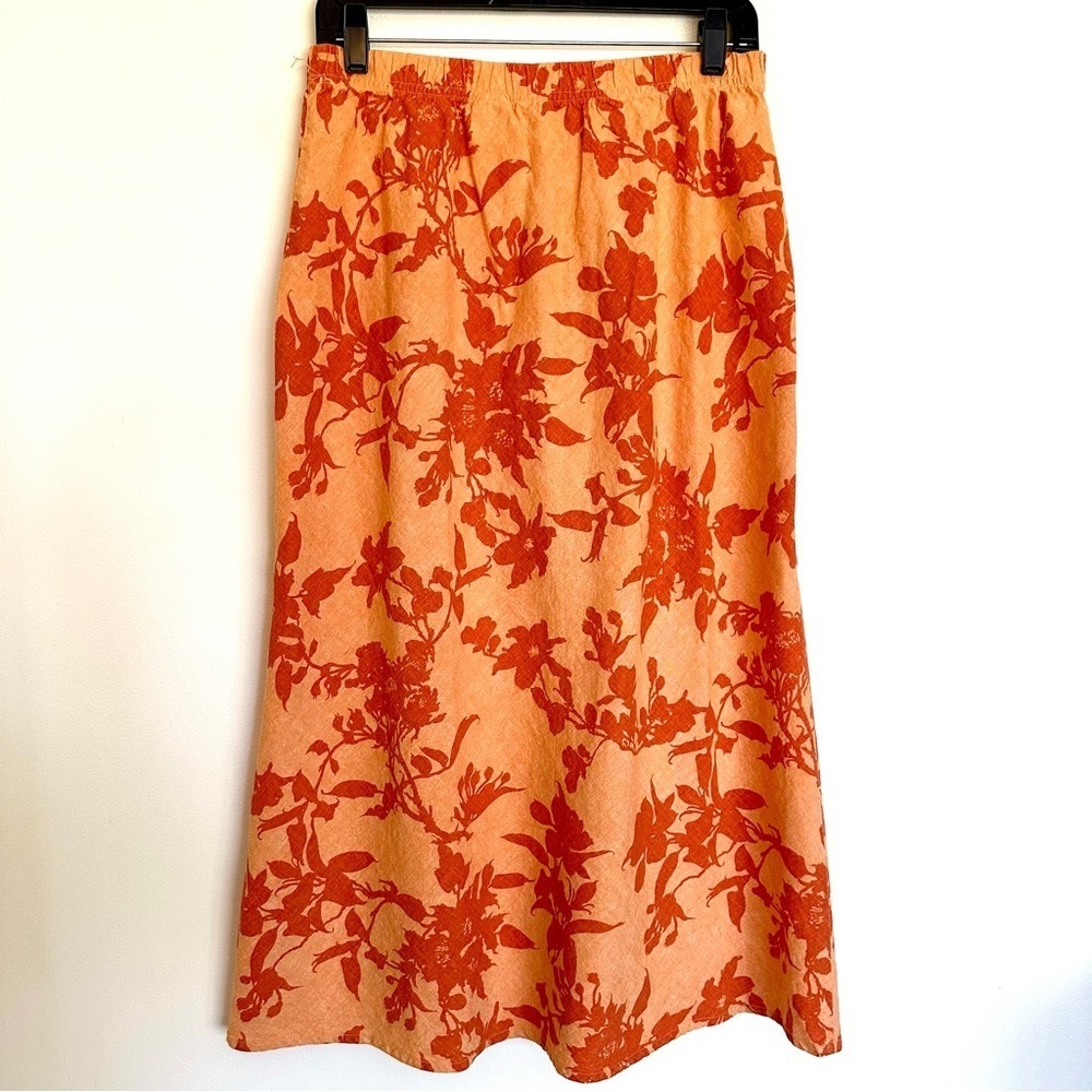 Orvis Linen Blend Orange Floral Elastic Waist Maxi Skirt Women’s Size Medium - Picture 5 of 9